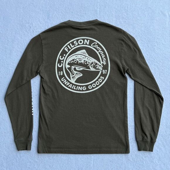 Mens Filson Olive Green Long Sleeve Trout Fish‎ Graphic Tee T-Shirt Size XS GUC - Picture 1 of 4